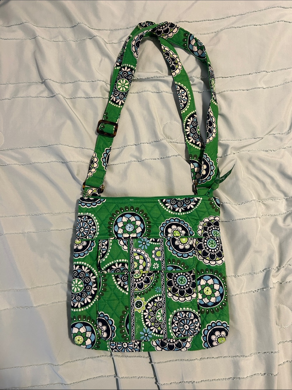 Vera Bradley Green Floral Quilted Crossbody Bag with Navy and White Accents